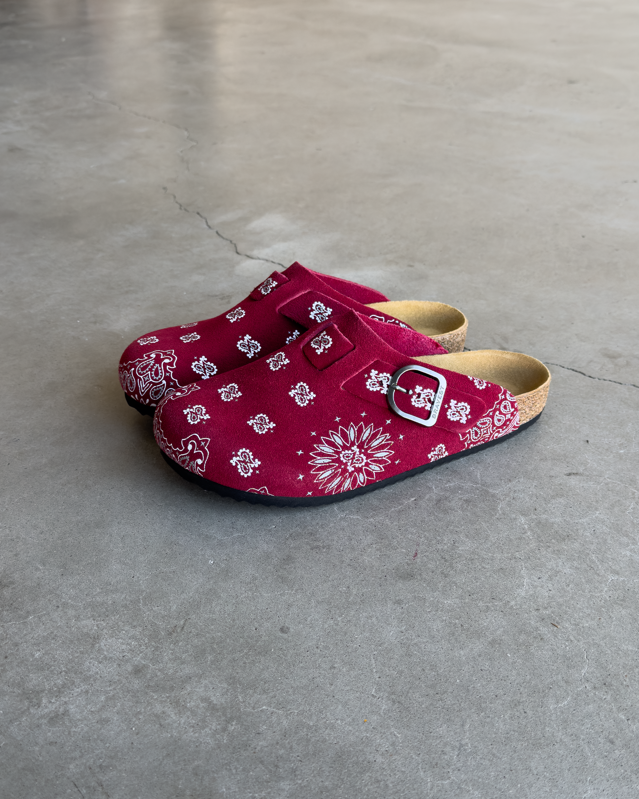 Burgundy Suede Paisley Clogs