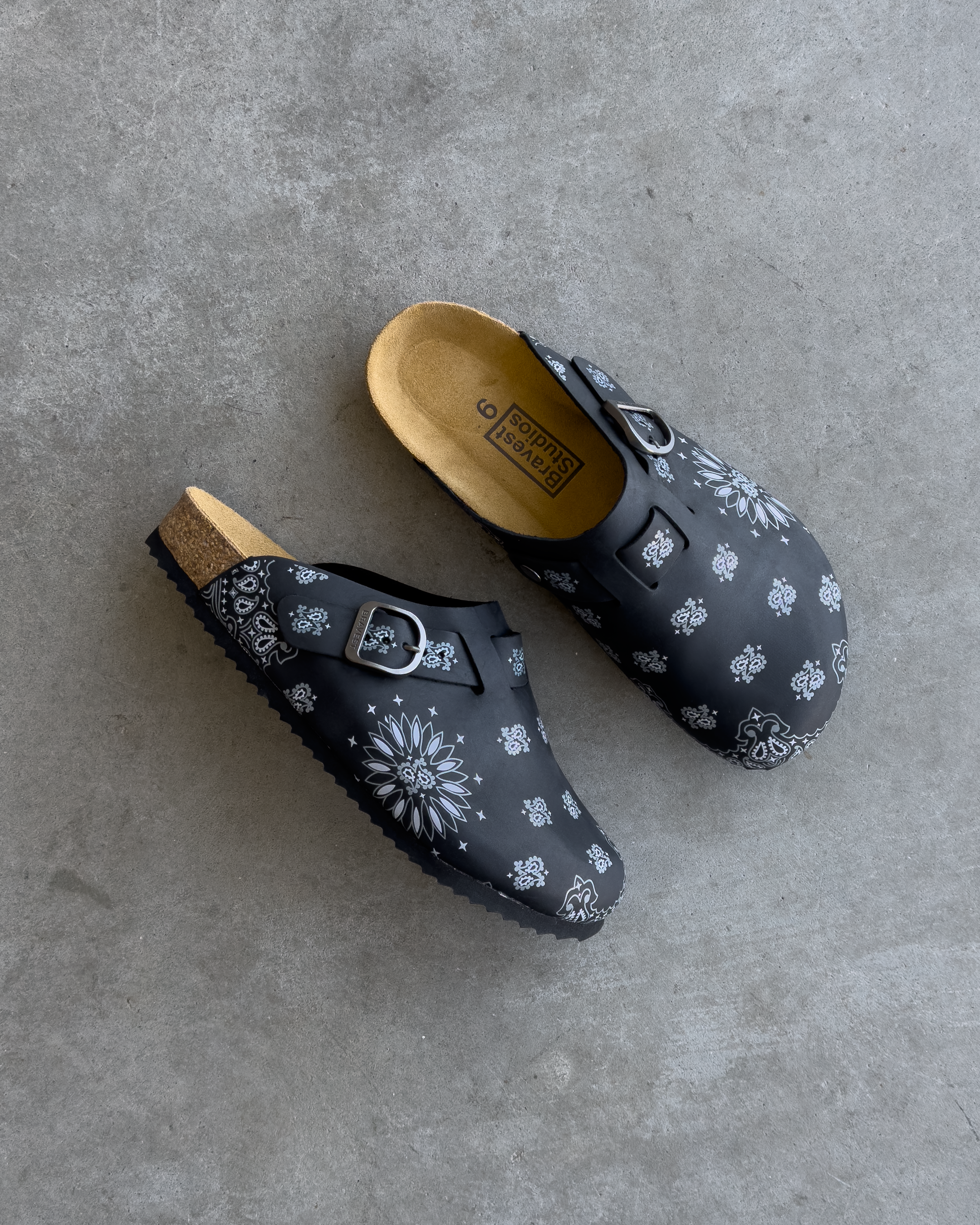 Black leather Paisley Clogs